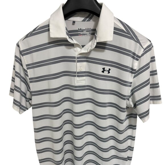 Under Armour Loose Fit Golf Polo Size XL Striped Stretch White - Picture 1 of 6